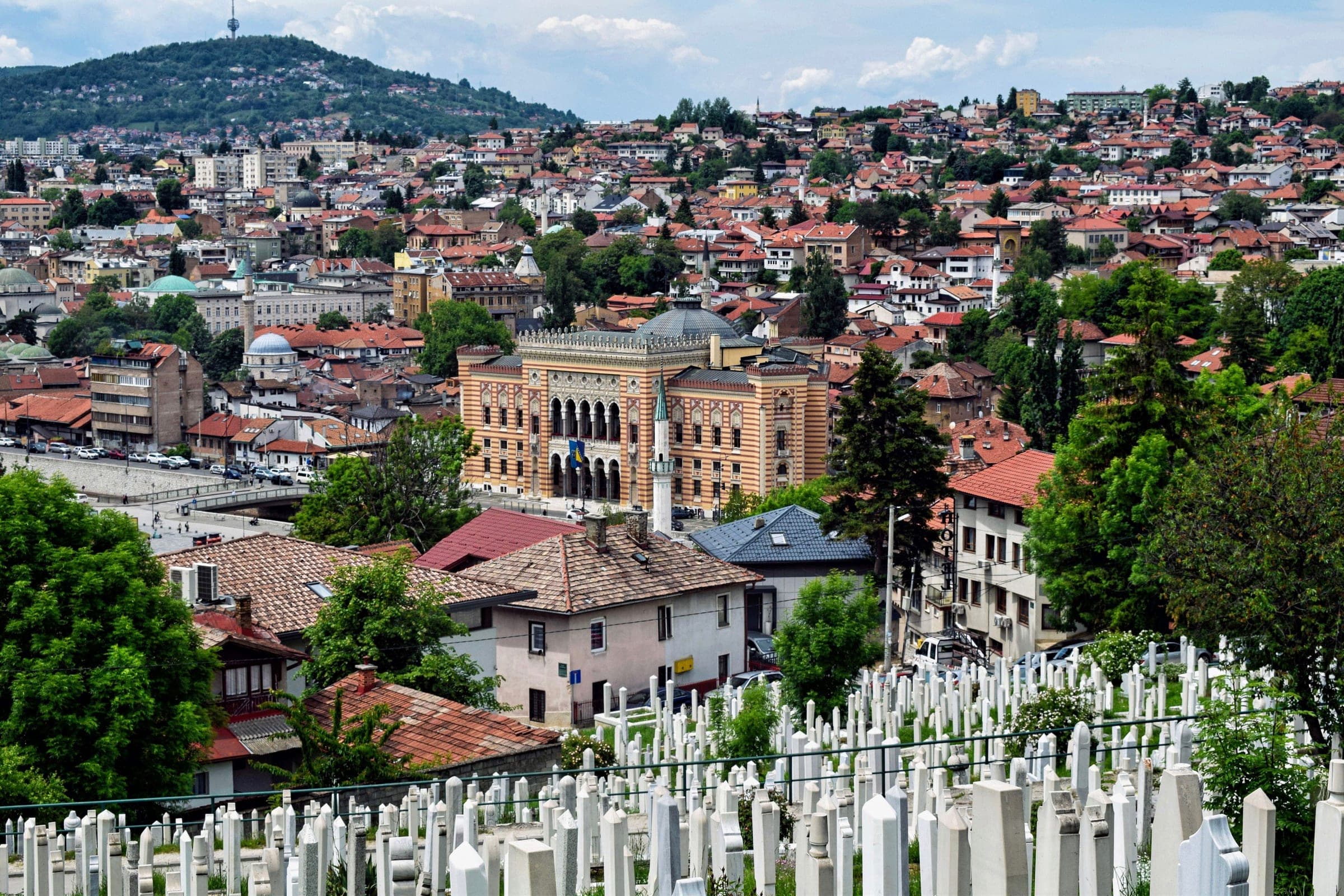 Sarajevo from above, with the City Hall and the hills around the valley