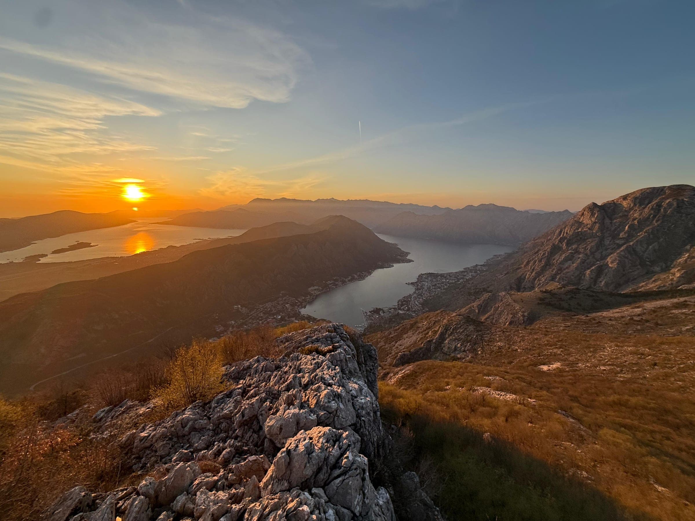 Sunset over the Bay of Kotor and the Adriatic, seen from the mountains above Kotor, Montenegro
